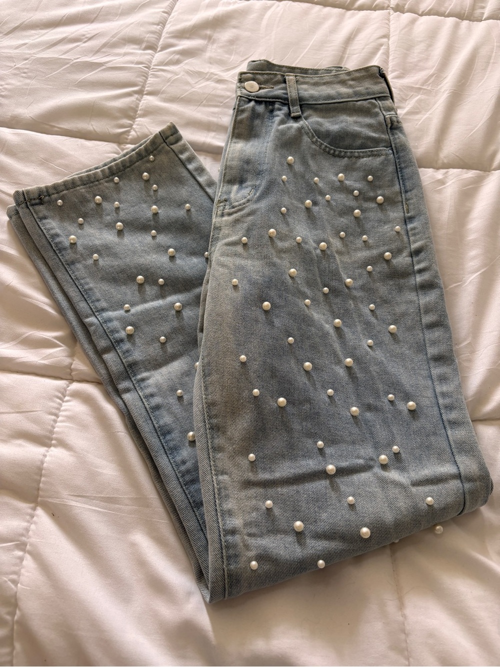 Pearl Studded High Rise Straight Leg Jeans